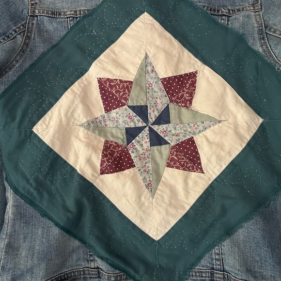 Sold 🎈 Denim Jacket Small Trucker Quilt Square Geometric Star Pinwheel Blue - Picture 6 of 7